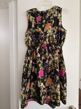 Speed Control Black Sleeveless Floral Dress with Pink and Orange Blooms